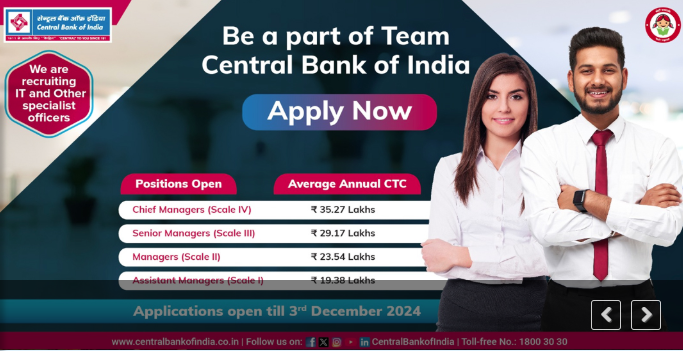 Central Bank of India Recruitment 2024: Apply for 253 Specialist Officer Posts by December 3